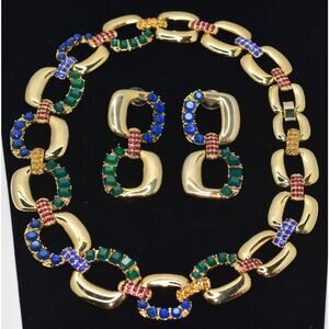 SCASSI Runway Haute Couture Rhinestone Gold Link Statement Necklace+Earring Set